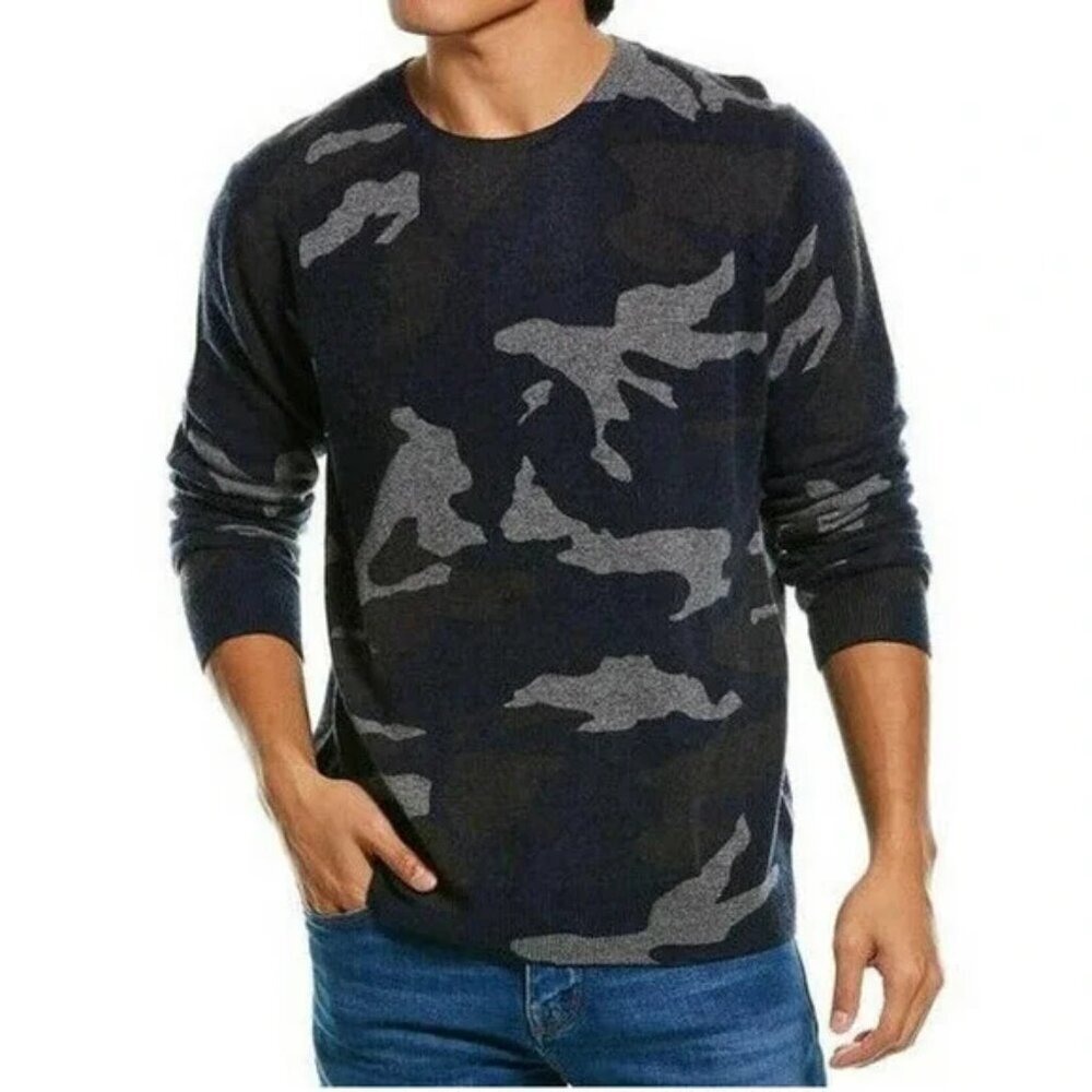 Amicale 100% Cashmere Blue Grey Camouflage Crewneck‎ Sweater